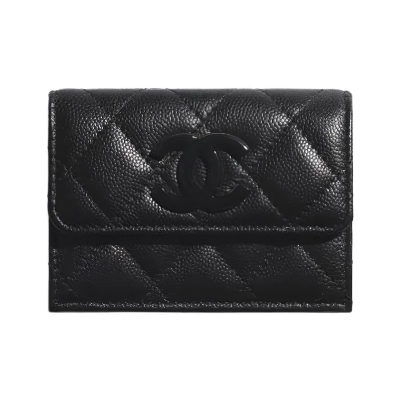 CHANEL So Black Grain Embossed Calfskin Flap Card Holder, Wallet Women's Black-0