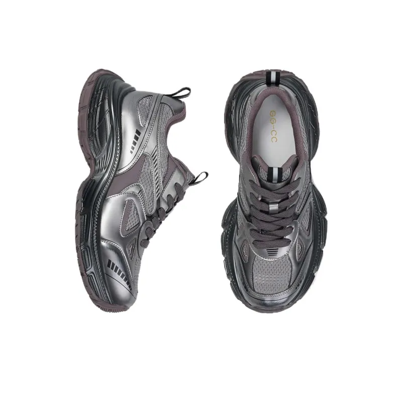 GG CC Slip Resistant Low Top Chunky Sneakers Women's Silver Gray-3
