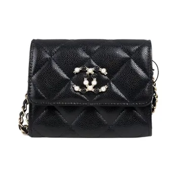 CHANEL Litchi Leather Small Card Holder, One Shoulder Crossbody Coin Purse Trumpets Women's Black