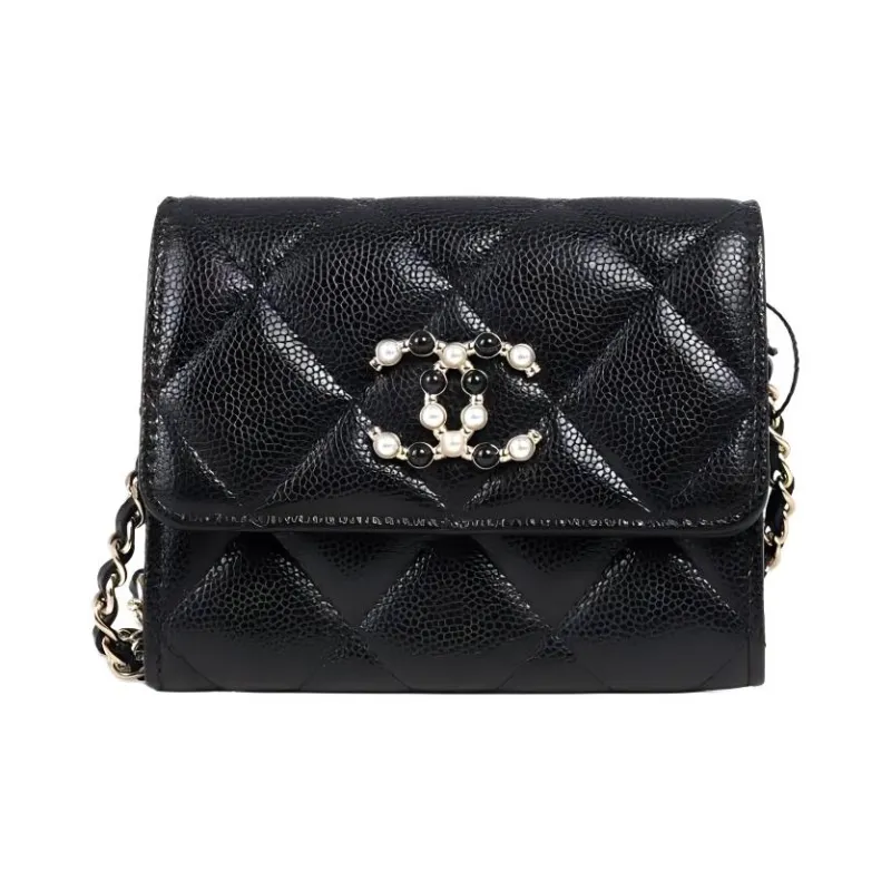 CHANEL Litchi Leather Small Card Holder, One Shoulder Crossbody Coin Purse Trumpets Women's Black-0