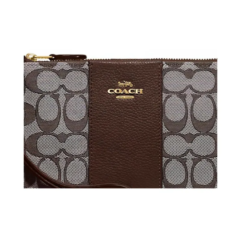 COACH Jacquard Combo Polished Pebbled Leather Mahjong Bag Clutch Coin Purse Small Size Women's Dark Gray & Brown-2