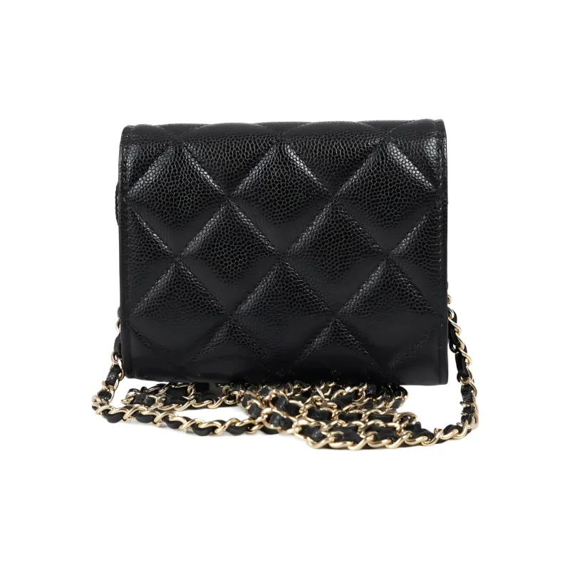 CHANEL Litchi Leather Small Card Holder, One Shoulder Crossbody Coin Purse Trumpets Women's Black-2