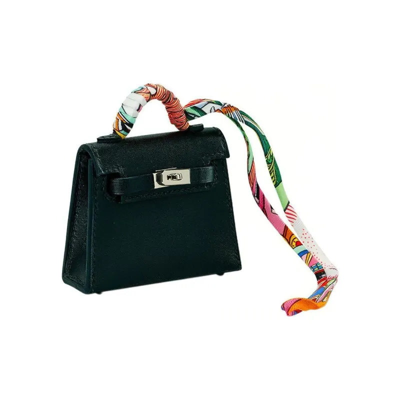 HERMES Kelly Twilly Tadlakt Leather With Silk Accents Pendant Bag Accessory Women's Noir Black-1