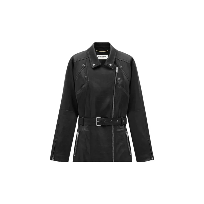 SAINT LAURENT Belted Zip Detailed Biker Coat-5