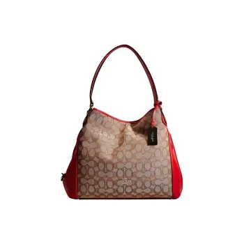 COACH Edie Iconic Jacquard Handbag Shoulder Bag Large Size Women's Brown & Red