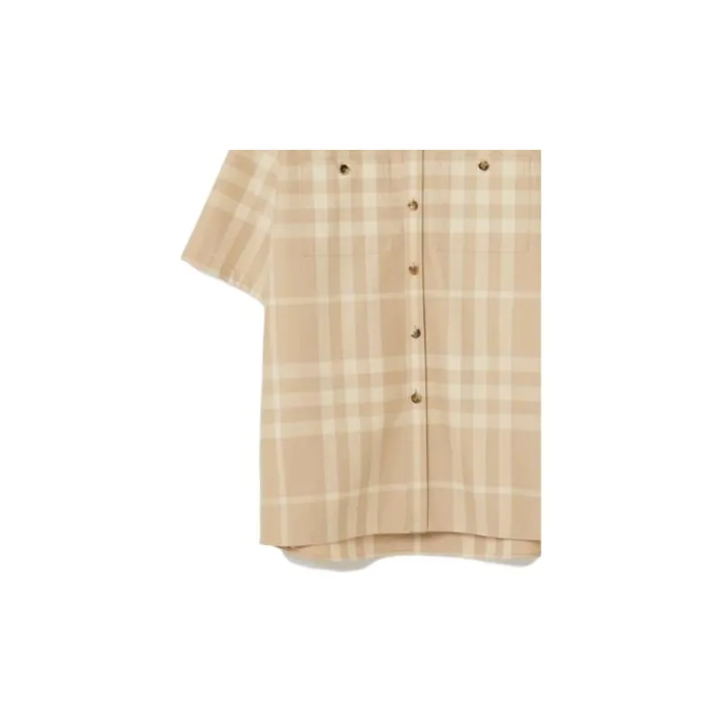 Burberry SS23 Check Stripe Single-Breasted Collar Short Sleeve Shirt Beige-4