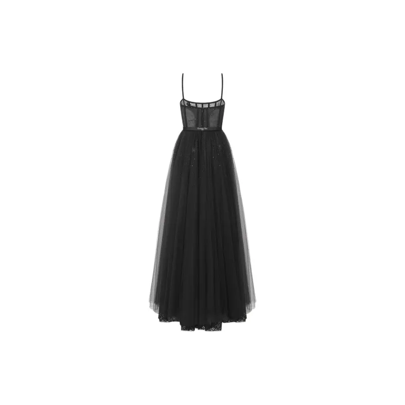 DIOR Flared Long Evening Gown Slip Dress Women's Black-1