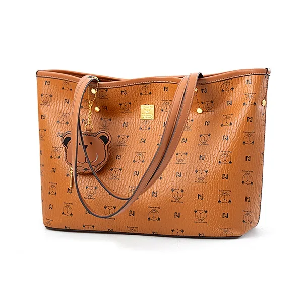 Vigno Synthetic Leather One Shoulder Tote Bag, Shopping Bag Regular Women's Brown/Ecru-1