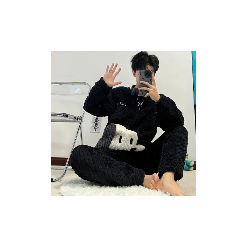 Kerener Pajama Set Autumn And Winter Season Men's Black-1