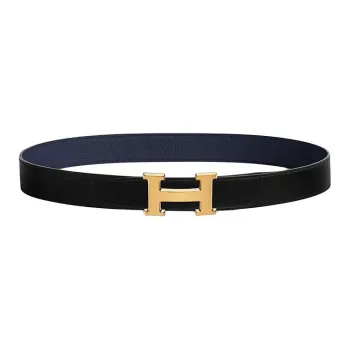 HERMES Metal, Gold Plated, Calfskin Leather Belts Men's Black Width 3.2cm
