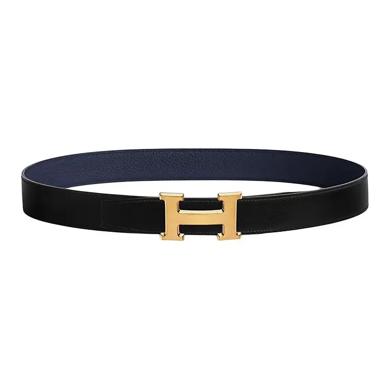 HERMES Metal, Gold Plated, Calfskin Leather Belts Men's Black Width 3.2cm-0