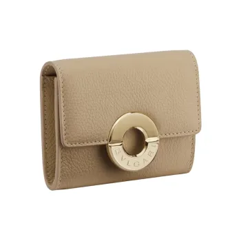 BVLGARI Calfskin Card Holder Wallet Women's Light Brown
