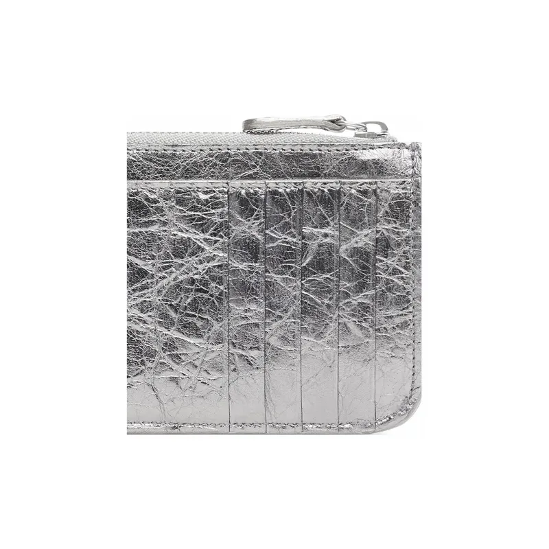 Balenciaga Le Cagole Metallic Finish Fine-Grained Sheepskin Card Clip Card Holder Women's Silver-3