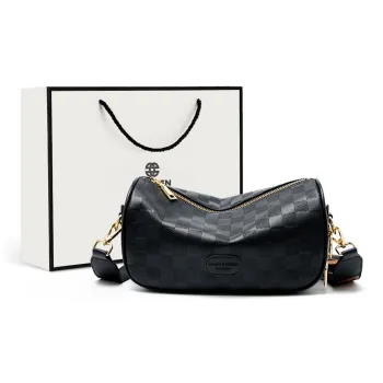 DULOREN Cow Leather One Shoulder Pillow Crossbody Bag Small Size Unisex Black Ecru