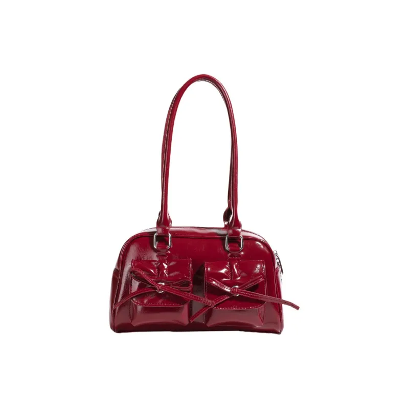 MARKANGARO PU Bowling Bag Shoulder Bag Medium Size Unisex Obsidian Black Red/Ecru-12