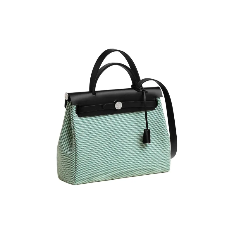 HERMES Herbag Zip Criss Viking Canvas With Hunter Leather Handbag Shoulder Bag Crossbody Bag Women's Black/Envy Green-1