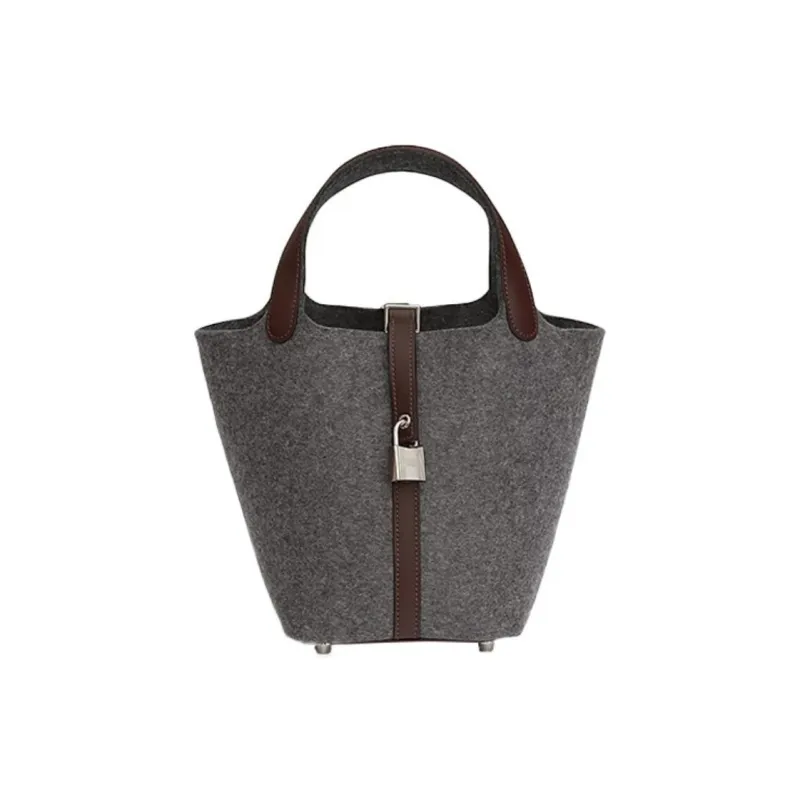 HERMES Picotin Lock Wool Felt With Swift Calfskin Basket Bag Handbag Bucket Bag 18 Women's Gray/Brown-0