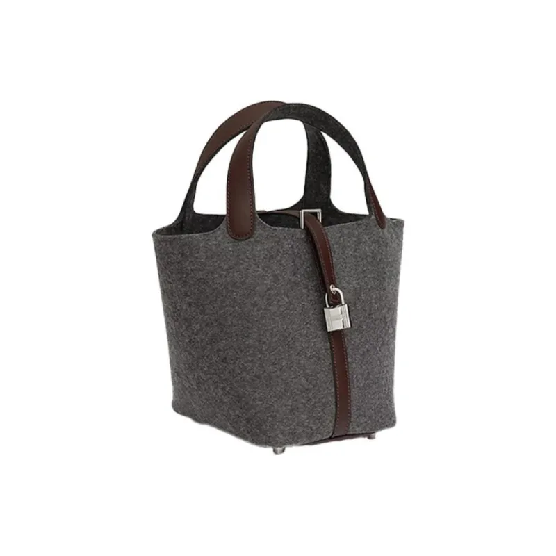 HERMES Picotin Lock Wool Felt With Swift Calfskin Basket Bag Handbag Bucket Bag 18 Women's Gray/Brown-1