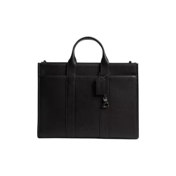 COACH Polished Litchi Grain Leather Tote Bag, Shopping Bag, Handbag Large Size Men's Black