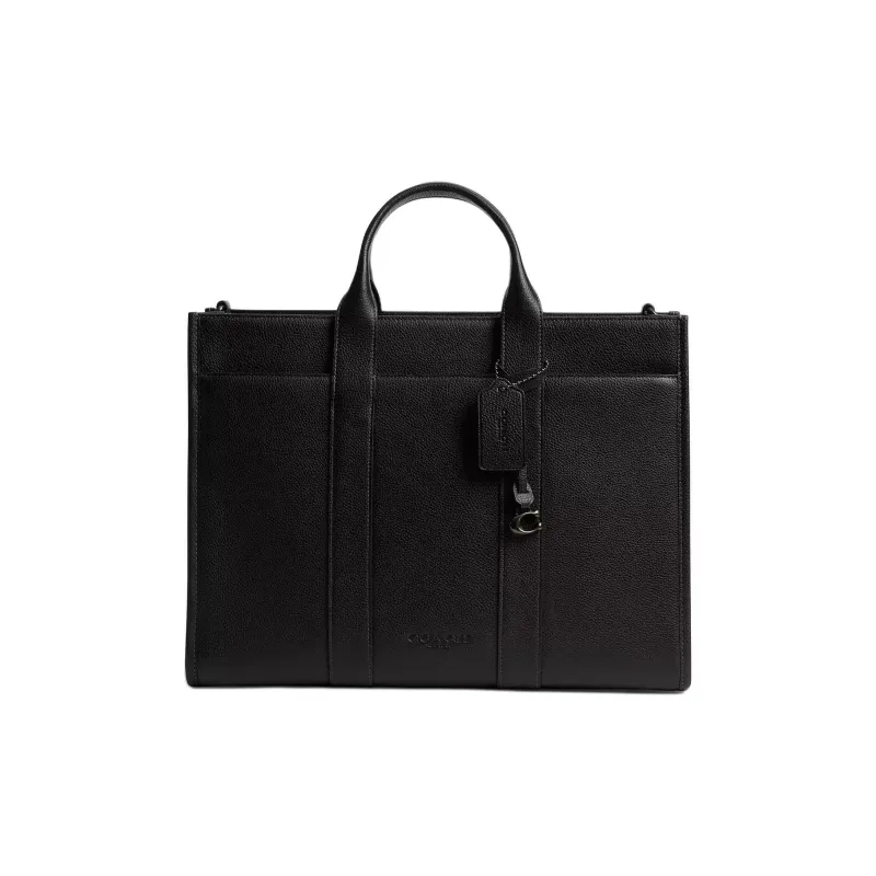 COACH Polished Litchi Grain Leather Tote Bag, Shopping Bag, Handbag Tubas Men's Black-0