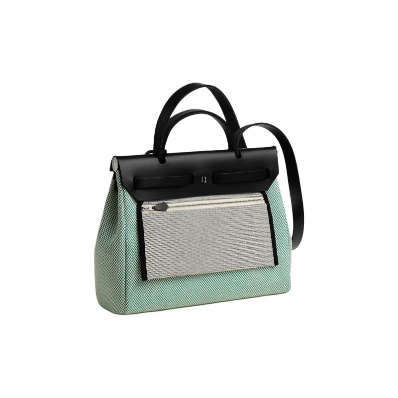 HERMES Herbag Zip Criss Viking Canvas With Hunter Leather Handbag Shoulder Bag Crossbody Bag Women's Black/Envy Green-2
