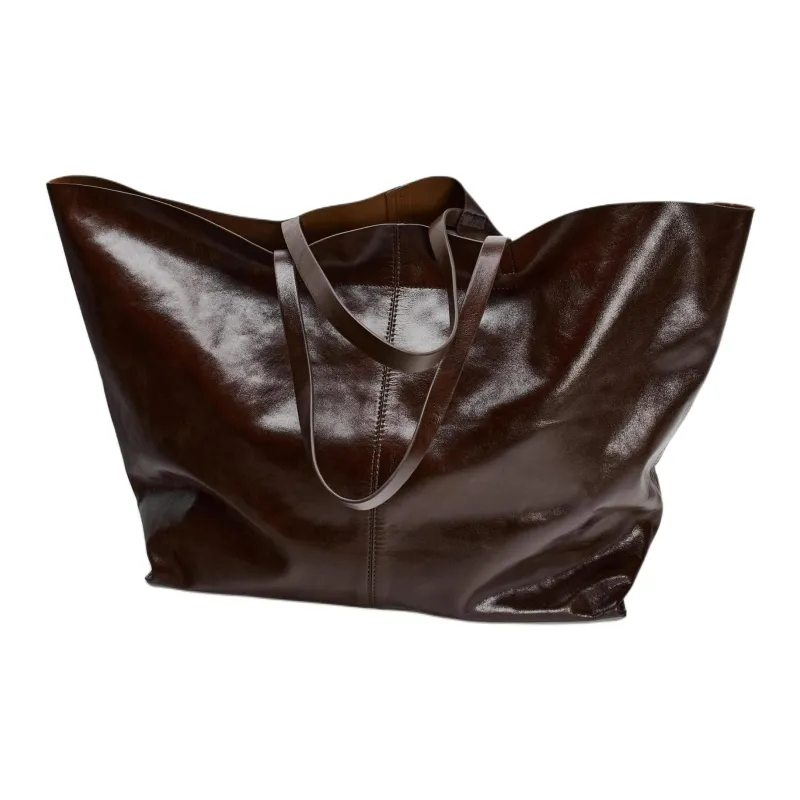 ZARA Cow Leather Tote Bag Shopping Bag Handbag Large Size Women's Dark Brown-3