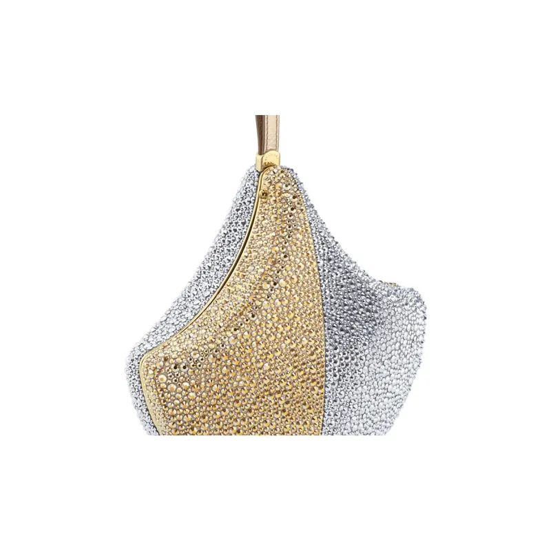 BVLGARI Suede With Crystal Rhinestone Bag Clutch Women's Silver & Gold-3