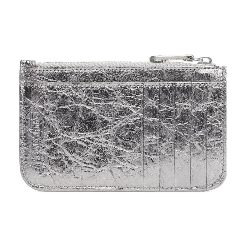 Balenciaga Le Cagole Metallic Finish Fine-Grained Sheepskin Card Clip Card Holder Women's Silver-1