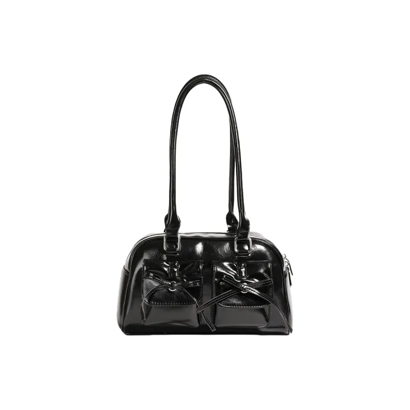 MARKANGARO PU Bowling Bag Shoulder Bag Medium Size Unisex Obsidian Black Red/Ecru-8