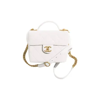 CHANEL Embossed Calfskin With Grains Portable One Shoulder Crossbody Makeup Bag Small Size Women's White