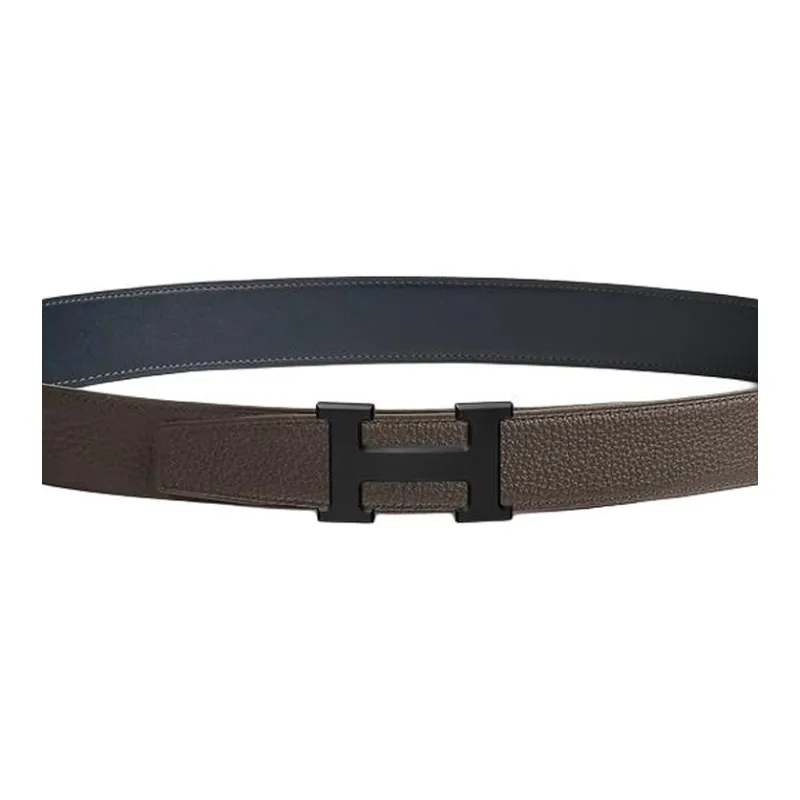 HERMES Calfskin Metal Leather Belts Men's Black/Navy Width: 3.2CM-2