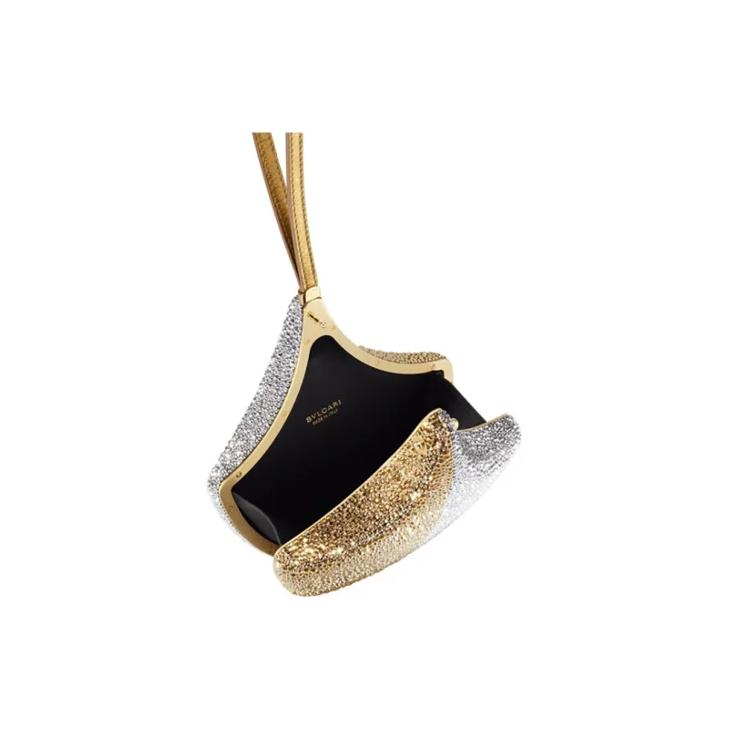 BVLGARI Suede With Crystal Rhinestone Bag Clutch Women's Silver & Gold-2