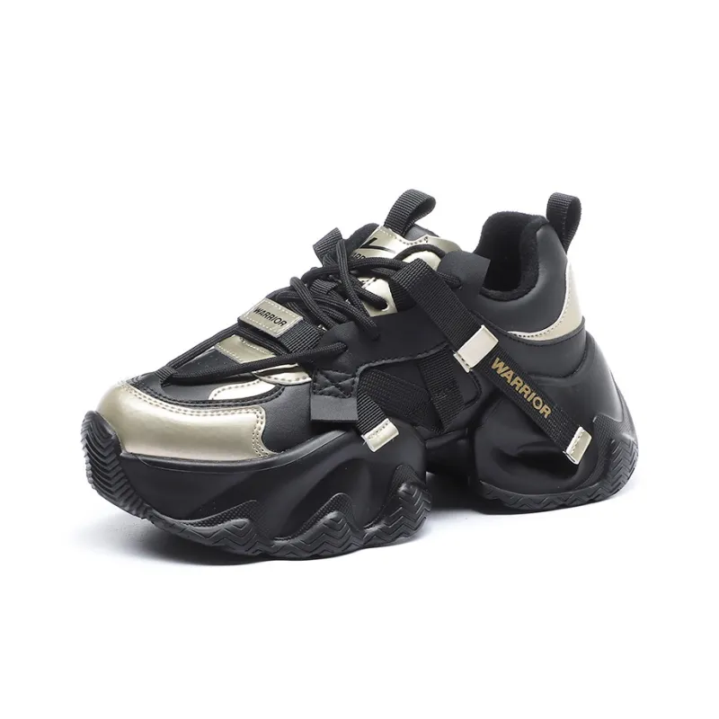 Warrior Warm Anti Slip And Wear Resistant Low Top Chunky Sneakers Women's Black Gold-1