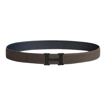 HERMES Calfskin Metal Leather Belts Men's Black/Navy Width: 3.2CM