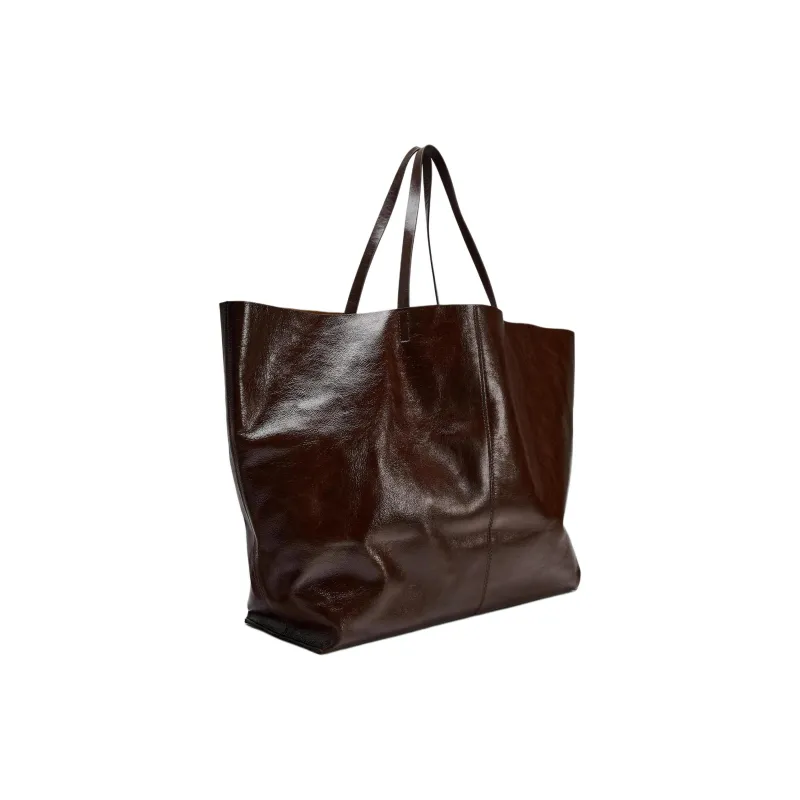 ZARA Cow Leather Tote Bag Shopping Bag Handbag Large Size Women's Dark Brown-1