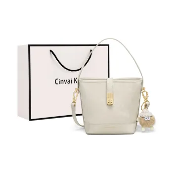 CinvaiKrose Cow Leather With Synthetic Leather Portable Bucket Bag Small Size Women's Ecru