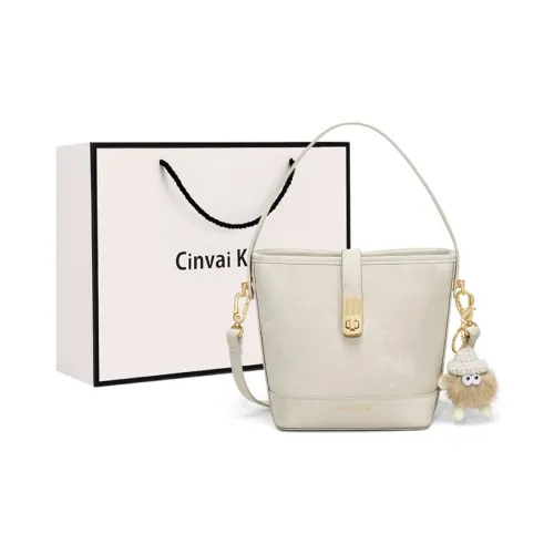 CinvaiKrose Cow Leather With Synthetic Leather Portable Bucket Bag Small Size Women's Ecru