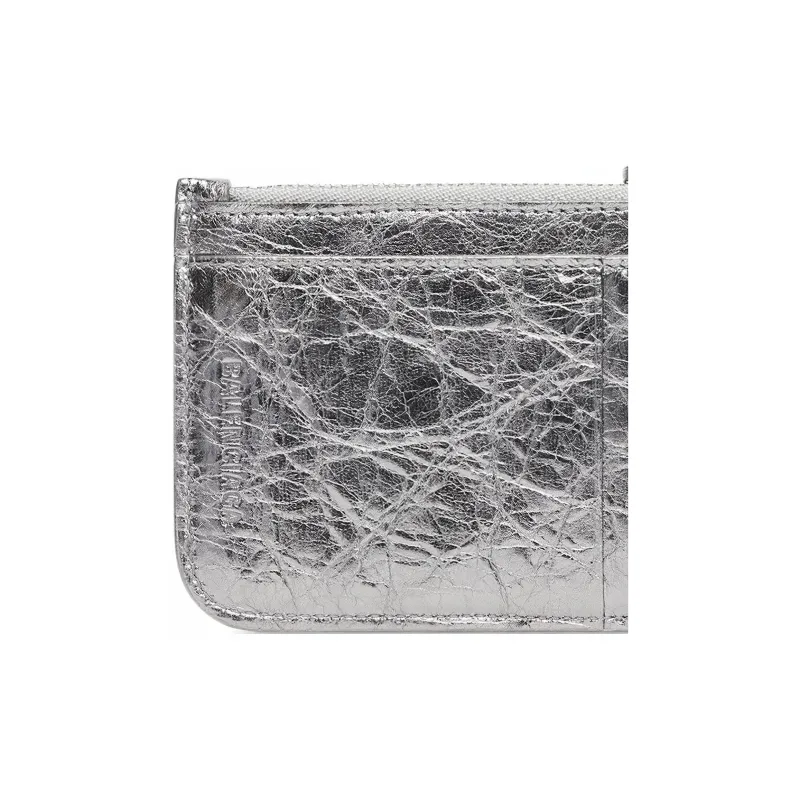 Balenciaga Le Cagole Metallic Finish Fine-Grained Sheepskin Card Clip Card Holder Women's Silver-4