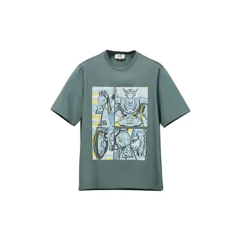 HERMES Giant Carriage Print Crew Neck Pullover Short Sleeved T Shirt Men's Gray Green