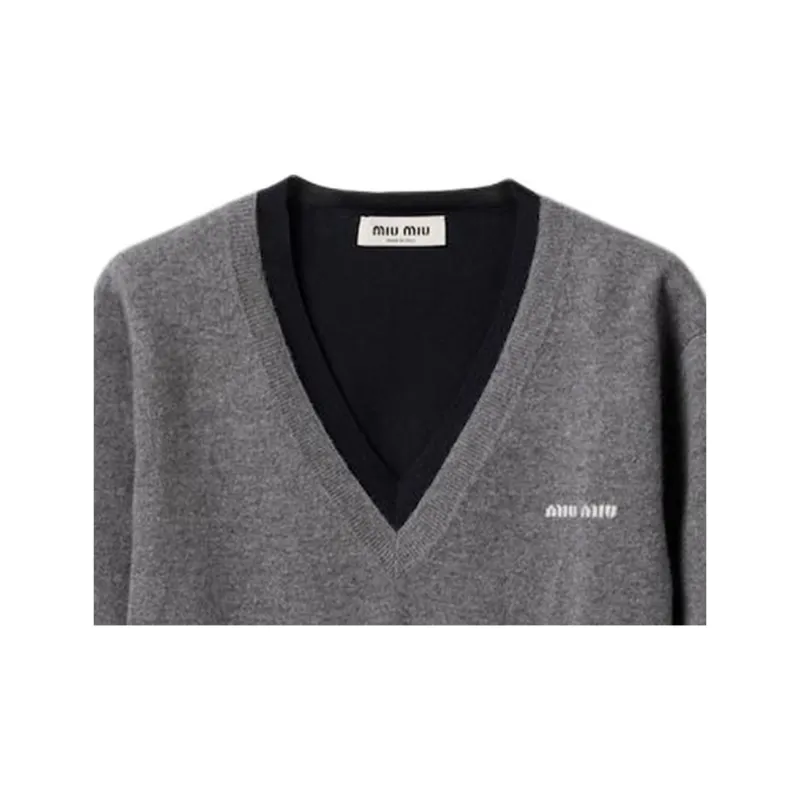 MIU MIU Silk Cashmere V Neck Sweater Grigio Blu-7