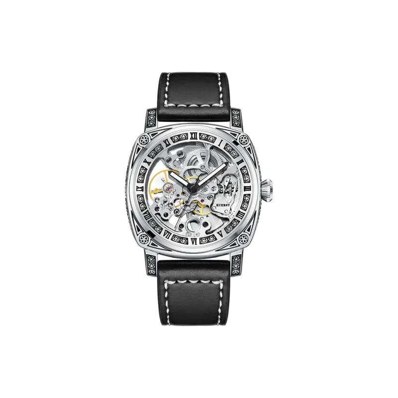 KUERST Automatic Mechanical Movement Cow Leather Strap Watch Men's Watches White Dial-0