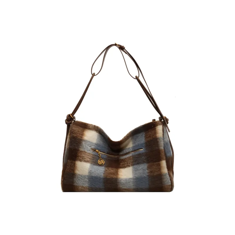 GOX Woolen Shoulder Bag, Crossbody Bag Women's Blue Plaid/Gray Plaid/Brown Plaid-0