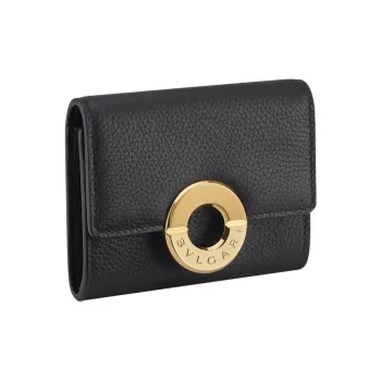 BVLGARI Calfskin Card Holder Wallet Women's Black