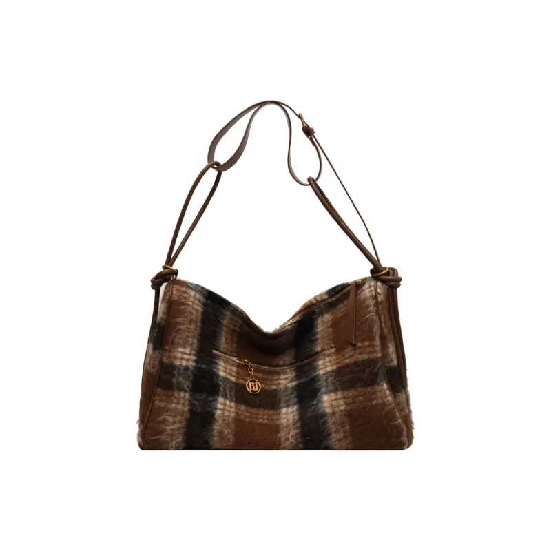 GOX Woolen Shoulder Bag, Crossbody Bag Women's Blue Plaid/Gray Plaid/Brown Plaid-12