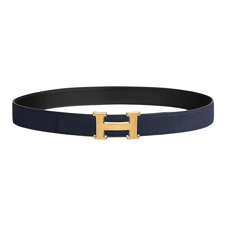 HERMES Metal, Gold Plated, Calfskin Leather Belts Men's Black Width 3.2cm-1