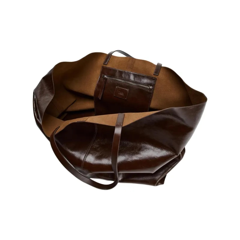 ZARA Cow Leather Tote Bag Shopping Bag Handbag Large Size Women's Dark Brown-4