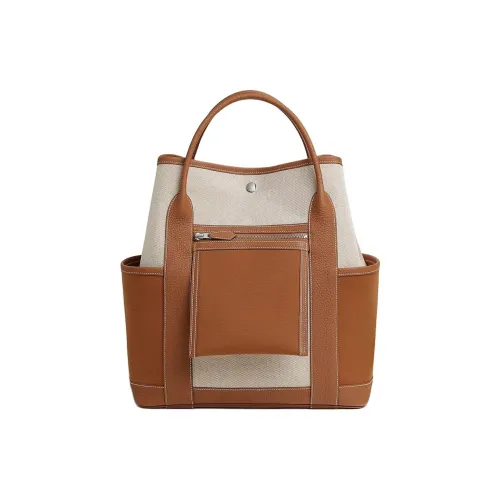 HERMES Garden Party Viking Canvas Militaire Canvas Negonda Calfskin Handbag Unisex Gold & Beige & Light Tawny