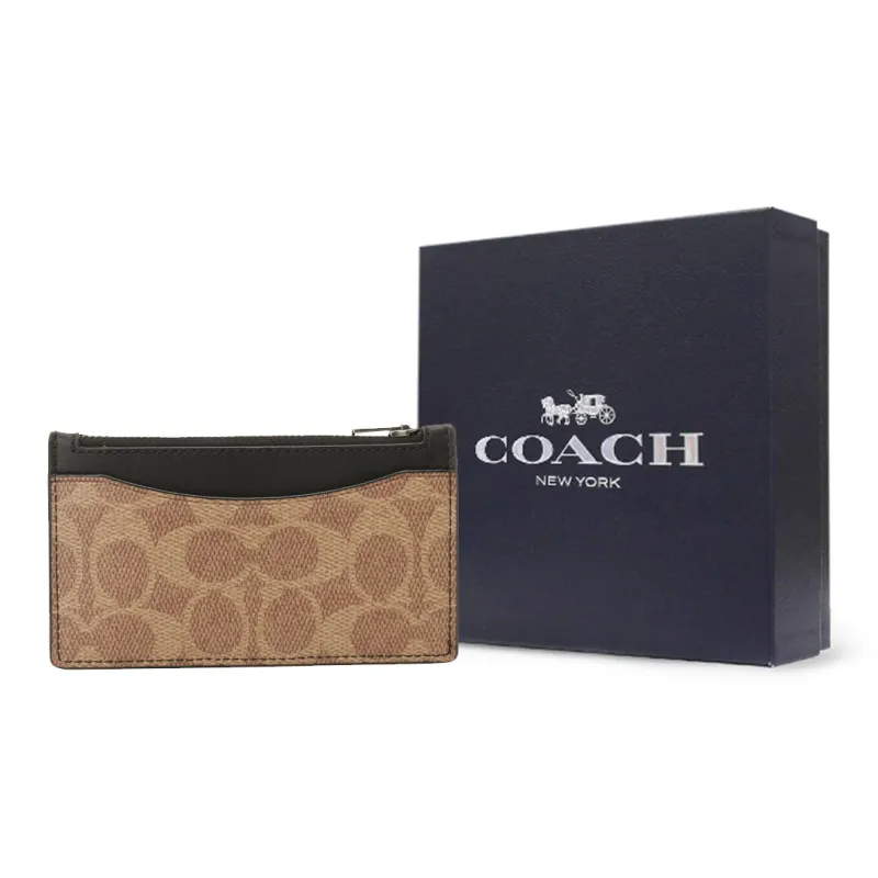 COACH Card Case Canvas With Leather Card Clip Wallet Holder Men's Khaki & Black-5