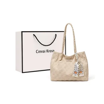Simvay Clos Fabric With Synthetic Leather Tote Bag Shopping Bag Handbag Shoulder Bag Large Size Women's Beige Apricot