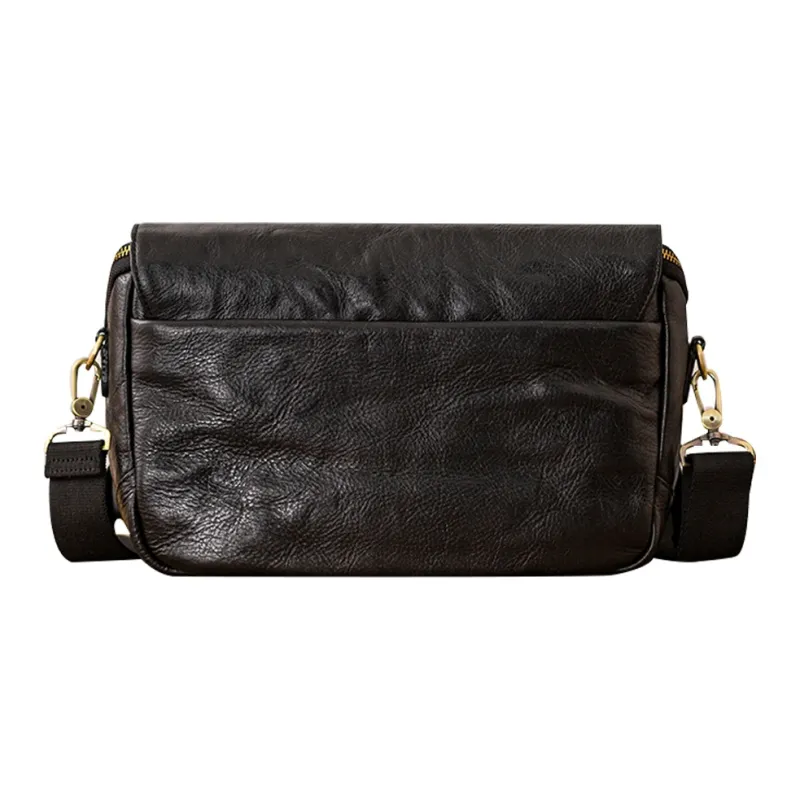 Back Step Top Grain Cow Leather, Vegetable Tanned Leather Messenger Bag, Crossbody Bag, Shoulder Bag Tubas Unisex Black-2